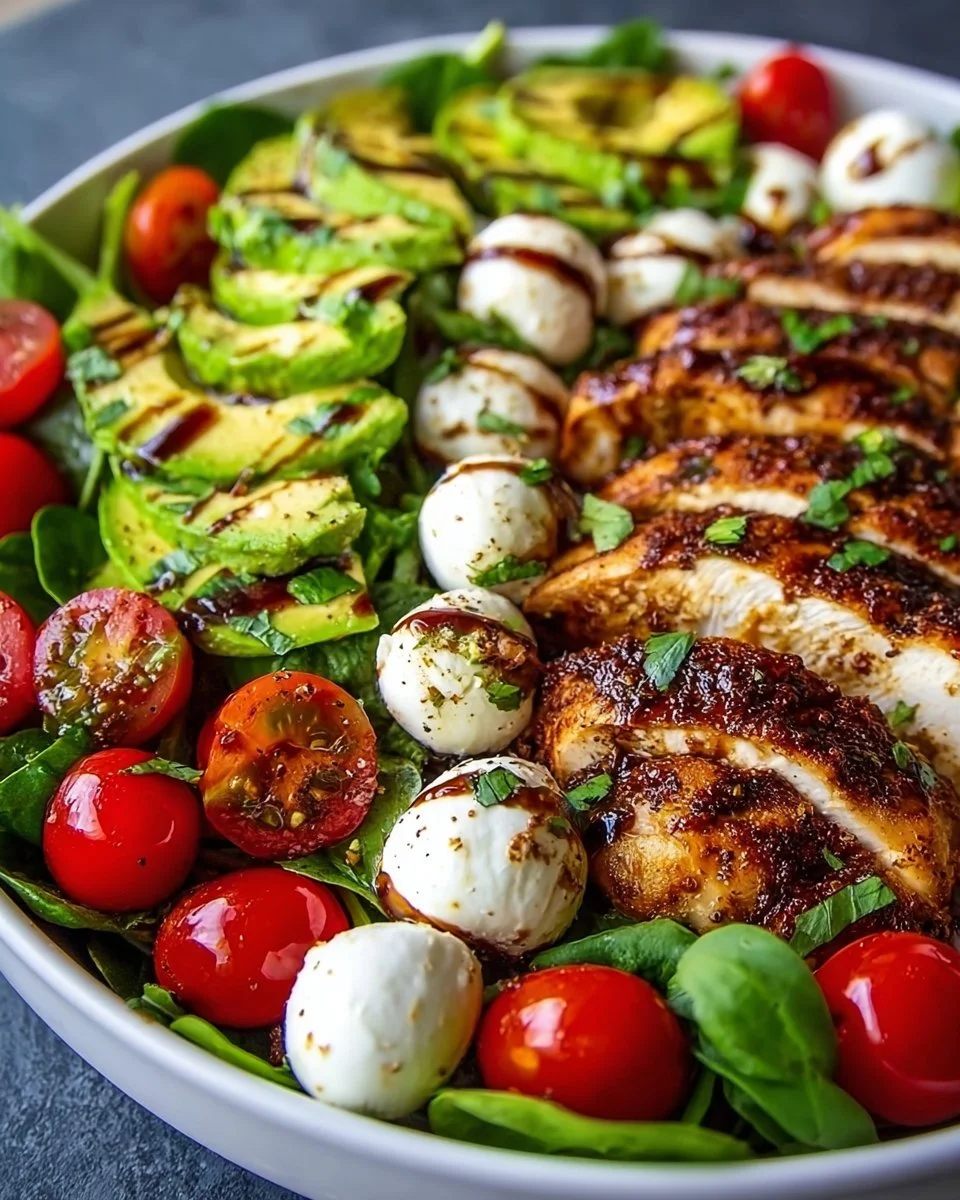 Baked marinated chicken salad with mozzarella and balsamic vinaigrette on a plate