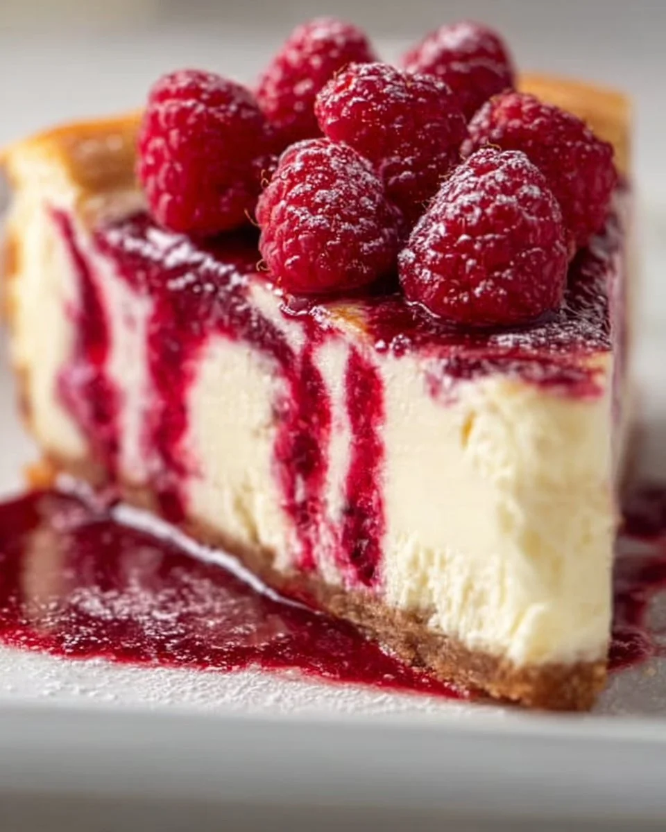 Delicious baked raspberry cheesecake with a creamy filling and raspberry topping