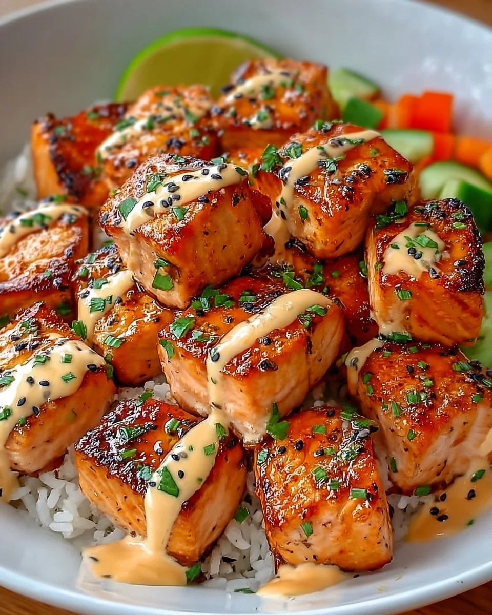 Bang Bang Salmon Bites served in a bowl with fresh toppings