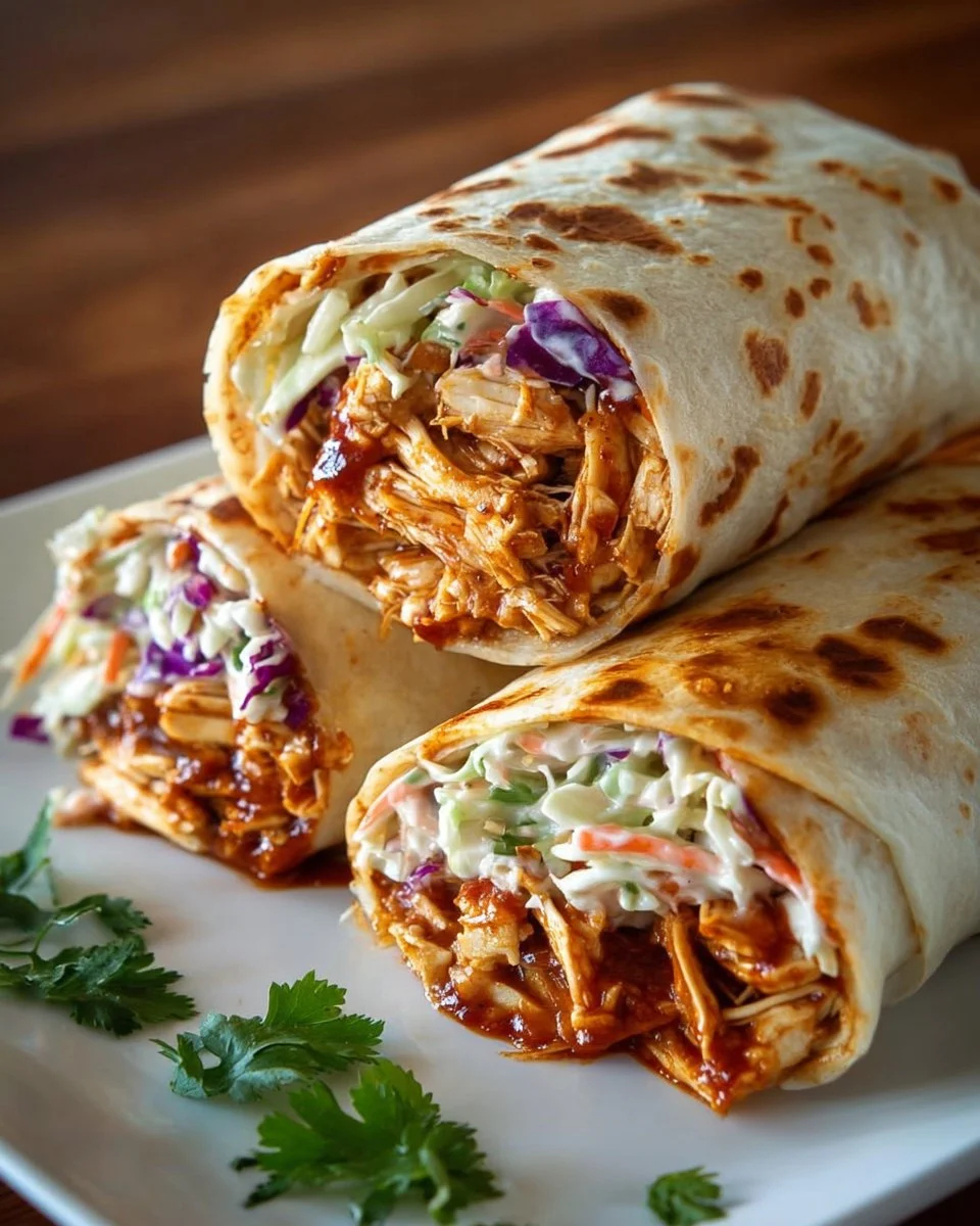 BBQ Chicken Coleslaw Wrap served on a plate with vibrant colors and fresh ingredients.