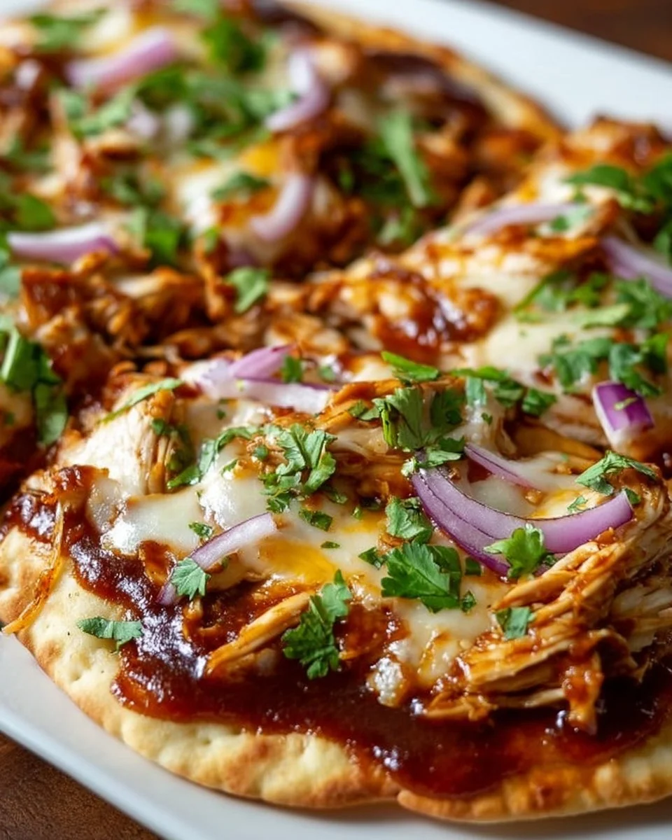 BBQ Chicken Flatbread topped with juicy chicken and fresh ingredients.