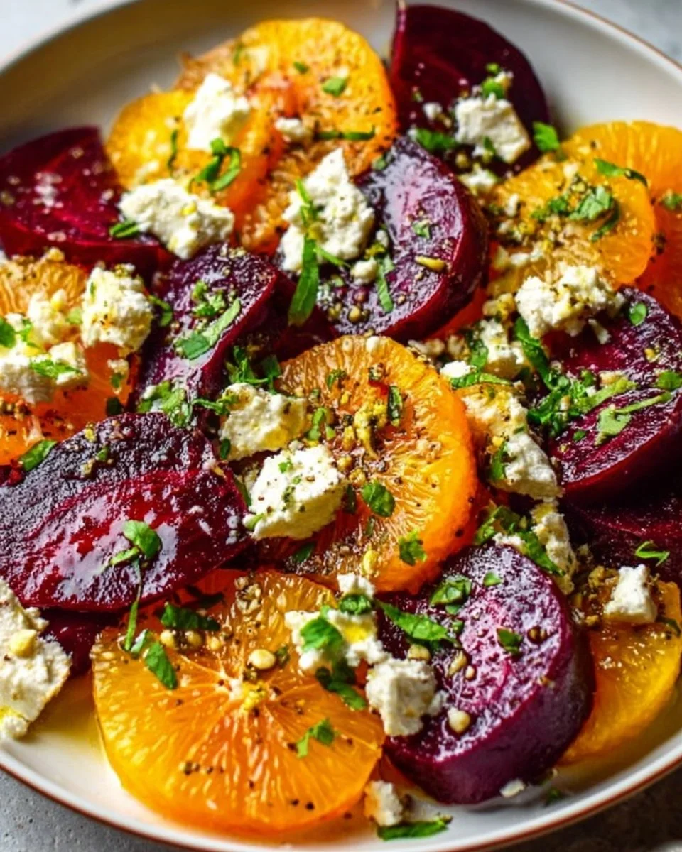 Beet salad with oranges and feta cheese, garnished with fresh herbs.