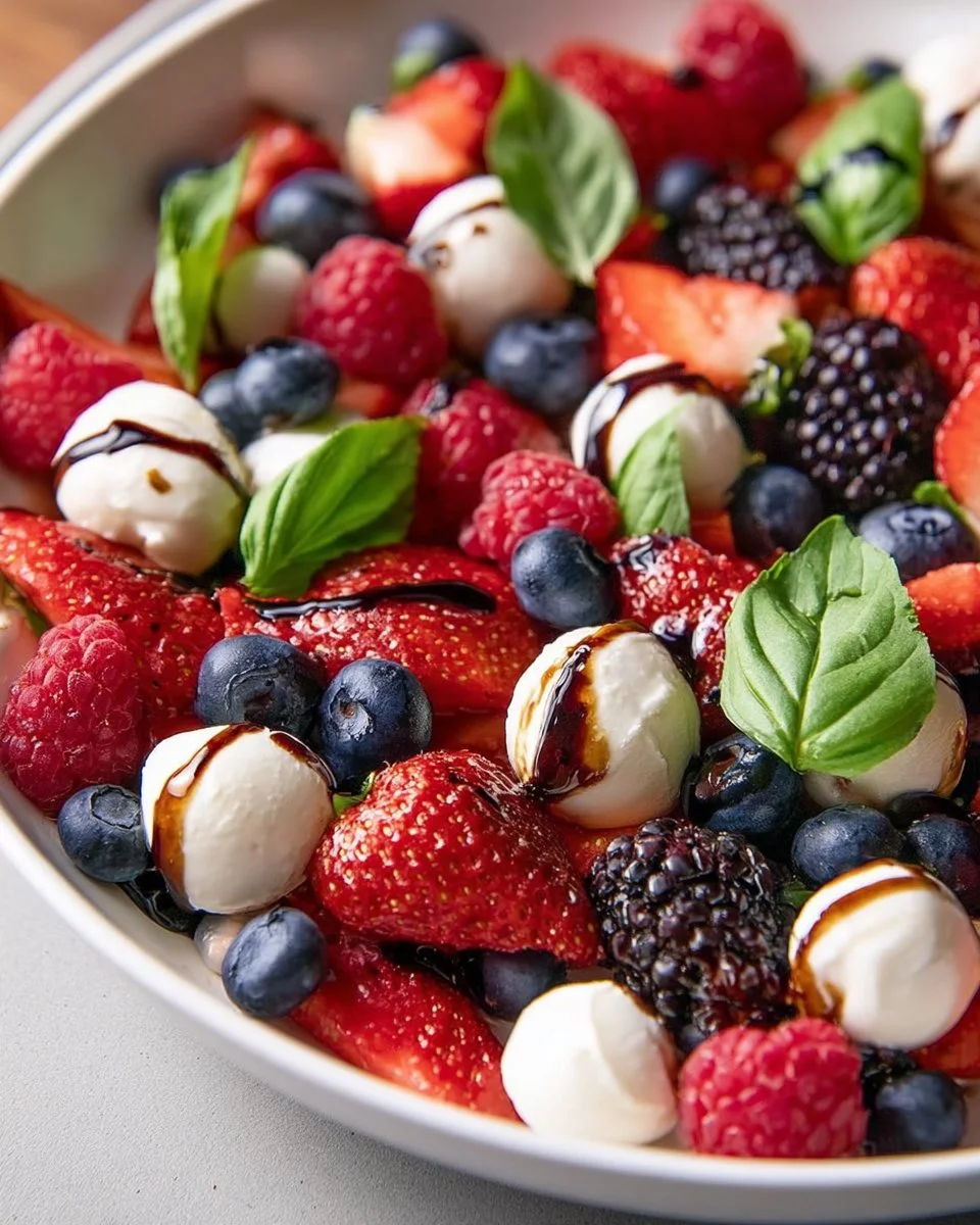 Berry Caprese Salad with fresh berries, mozzarella, and balsamic glaze