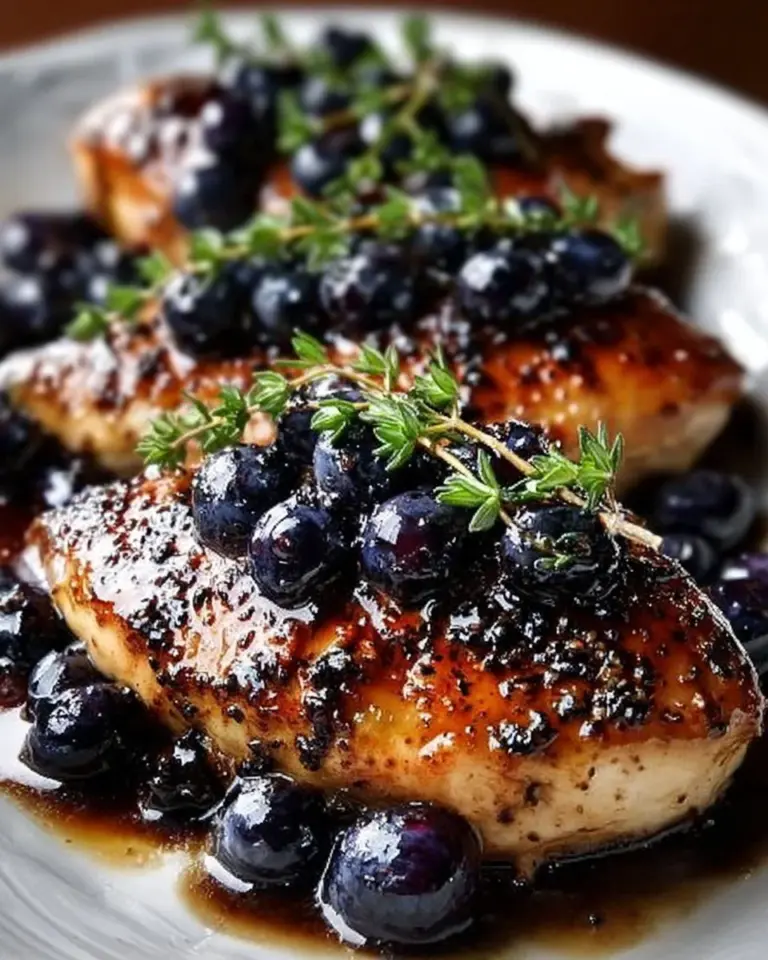 Delicious blueberry thyme chicken served with fresh herbs and berries