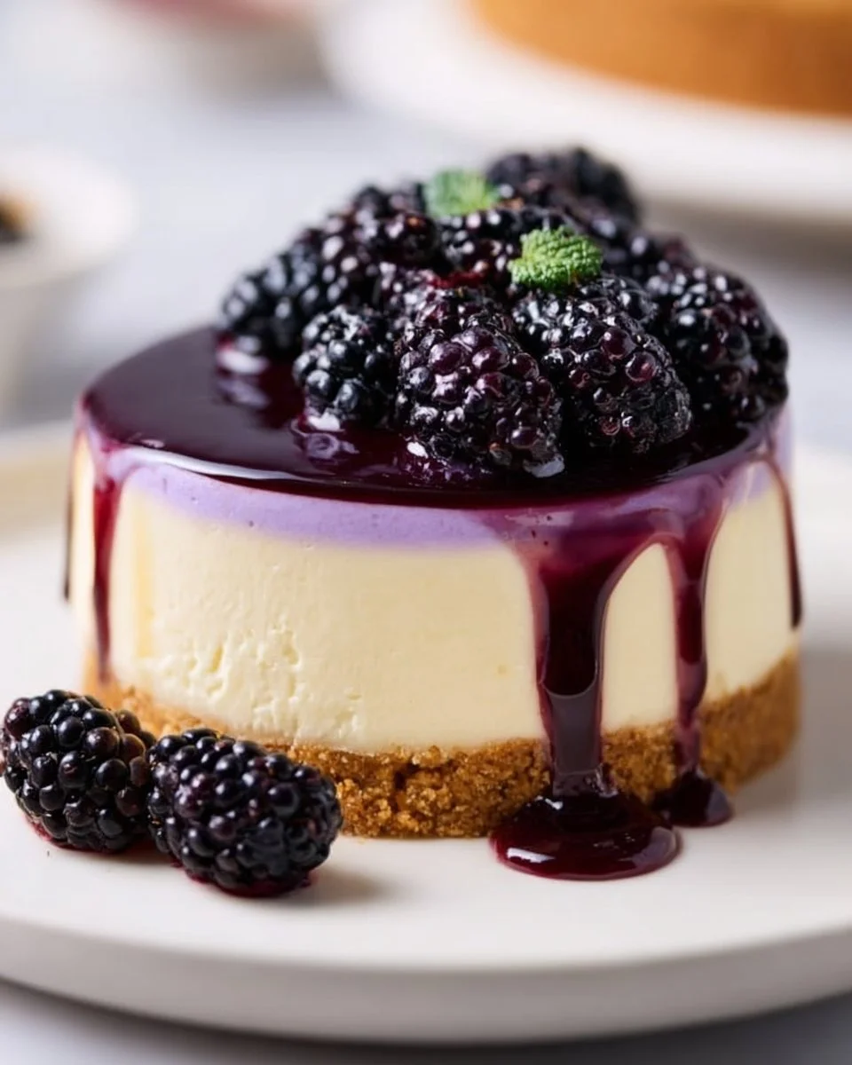 Delicious blackberry cheesecake topped with fresh blackberries on a white plate.