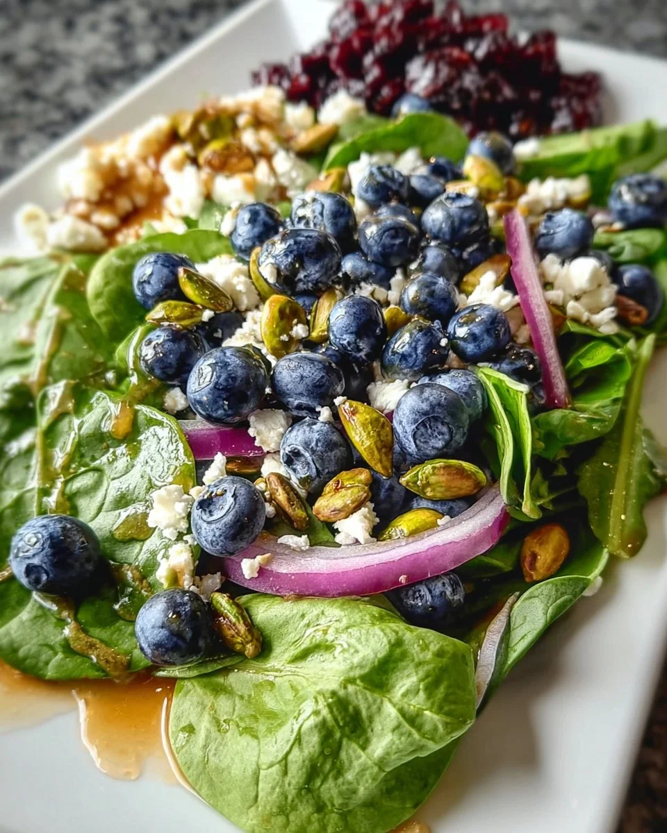 Blueberry pistachio spring salad with fresh greens and vibrant fruits