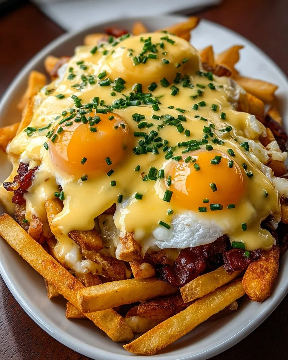 Savory Breakfast Poutine with eggs, cheese curds, and crispy fries on a plate.