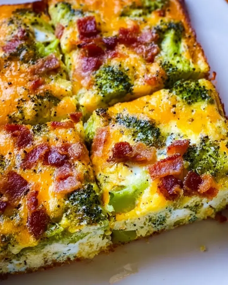 Broccoli Cheddar Egg Bake with Turkey Bacon for a healthy breakfast