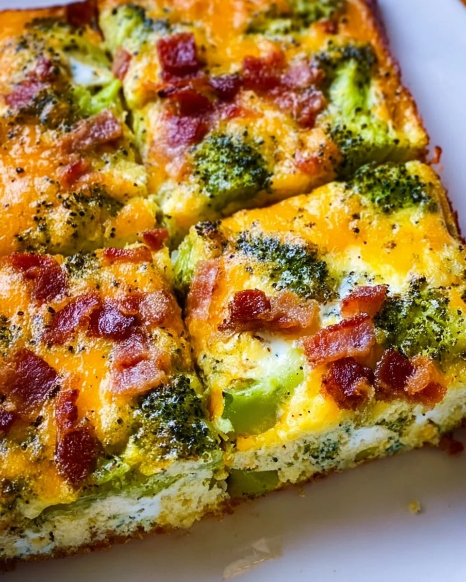 Broccoli Cheddar Egg Bake with Turkey Bacon for a healthy breakfast