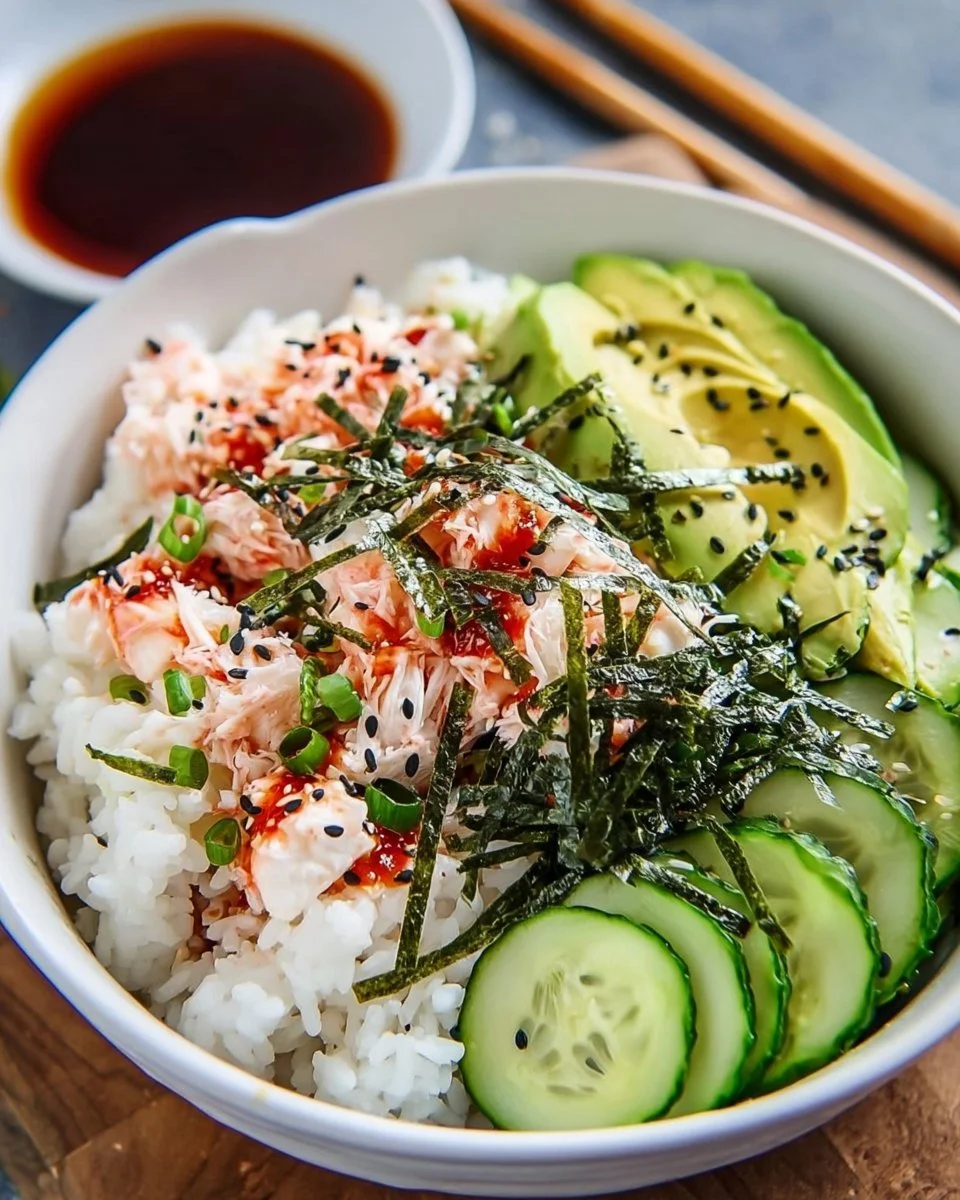 California Roll Sushi Bowl with crab, avocado, and cucumber ingredients