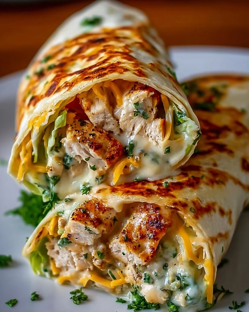 Plate of cheesy garlic chicken wraps with fresh ingredients