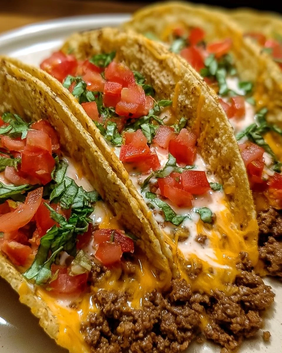 Cheesy Rotel beef soft tortilla tacos garnished with fresh toppings
