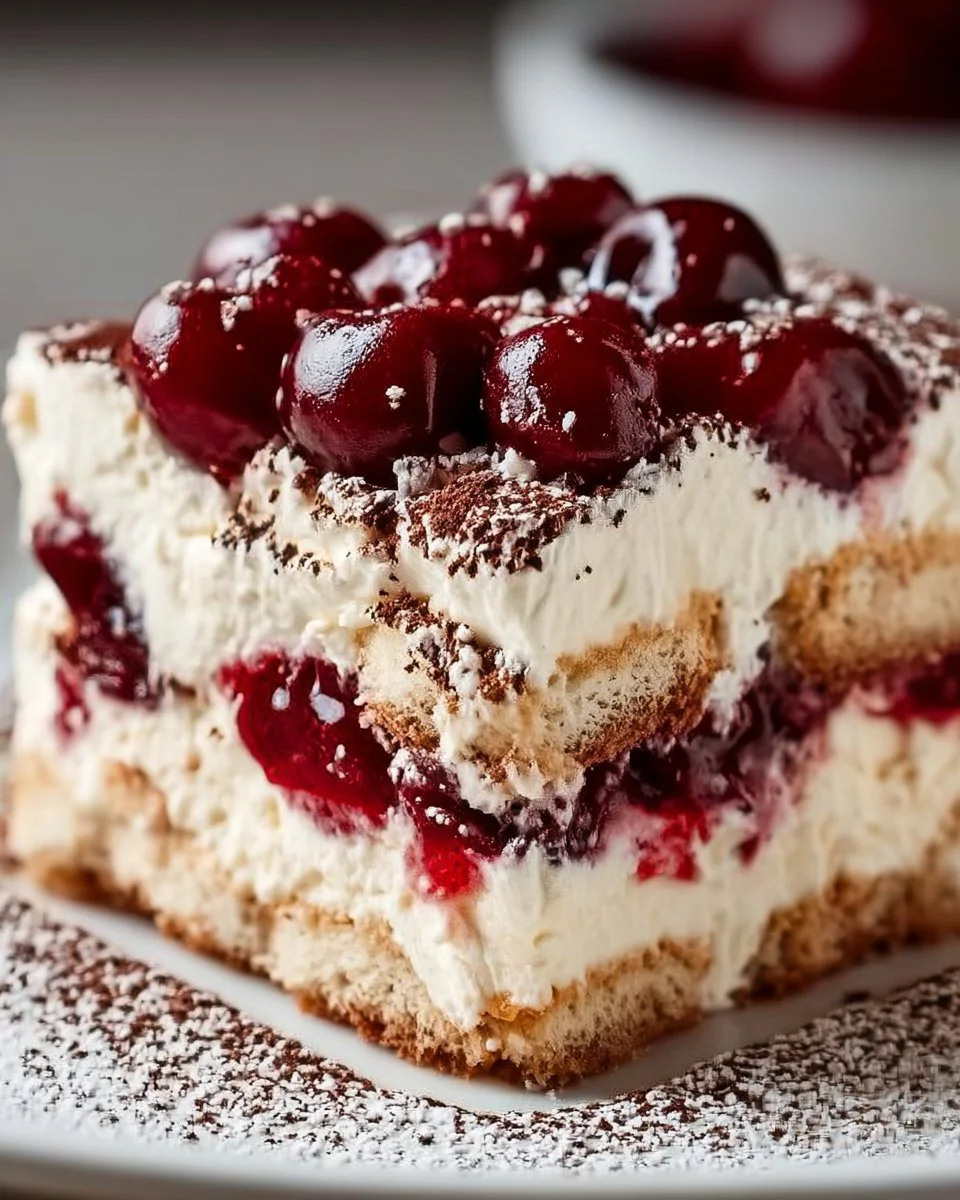 Delicious Cherry Amaretto Tiramisu dessert with layers of cherries and creamy mascarpone.