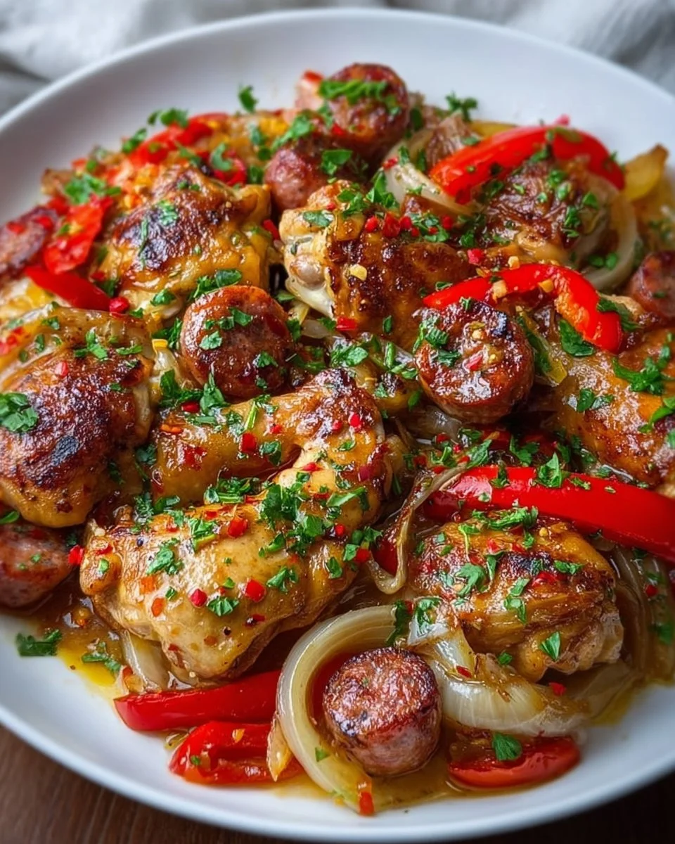 Delicious Chicken Scarpariello with peppers and herbs served in a vibrant dish.