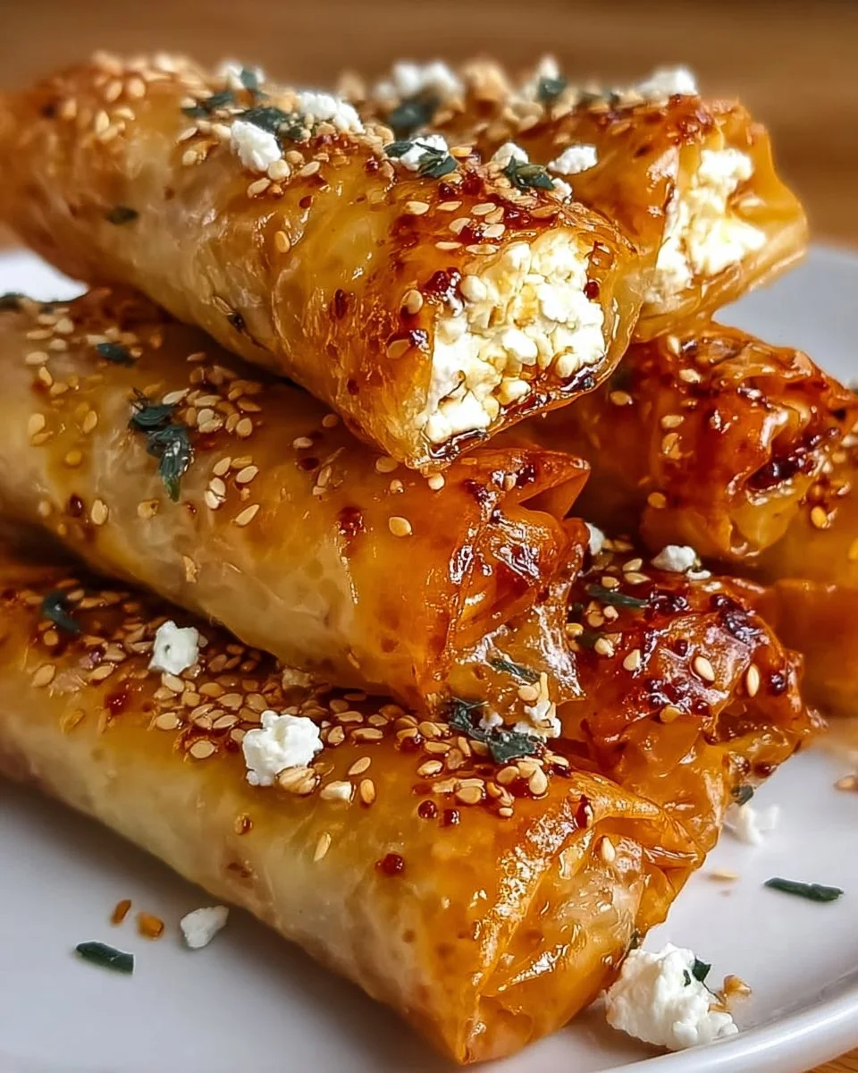 Chili honey feta rolls drizzled with chili honey sauce on a rustic plate.