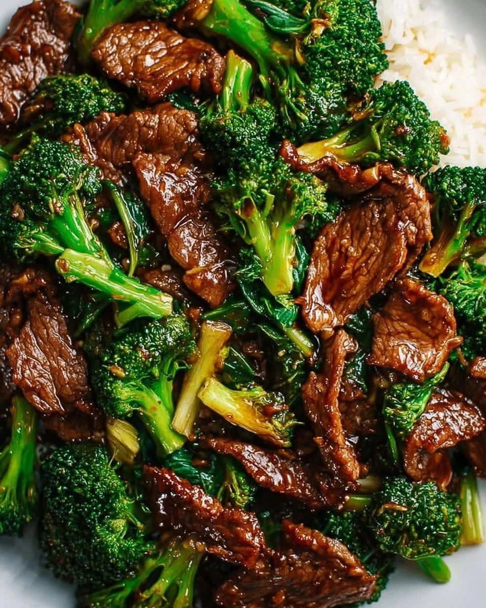 Delicious Chinese beef and broccoli stir-fry with vibrant vegetables and tender beef.