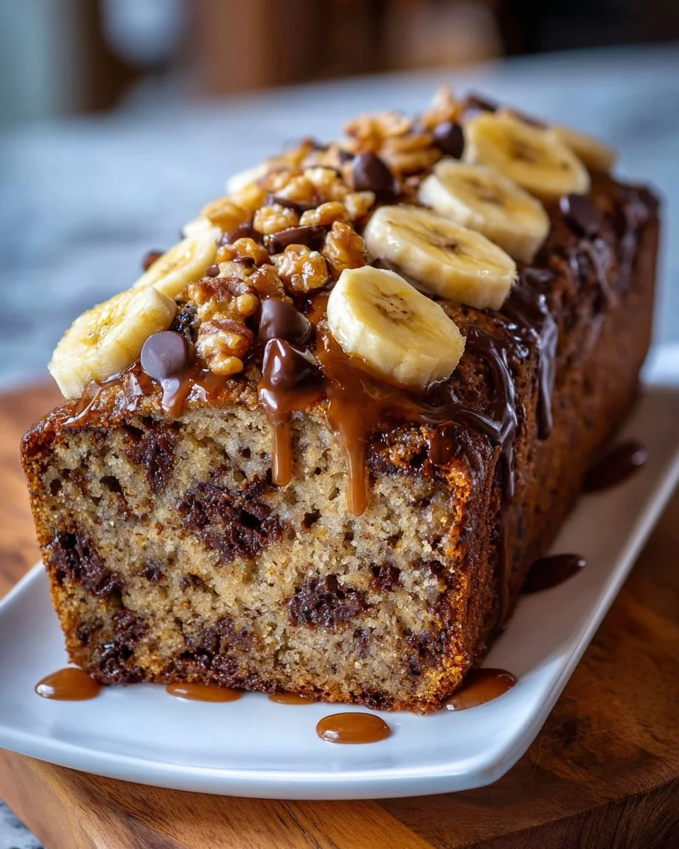 Chocolate Chip Protein Banana Bread fresh out of the oven, topped with chocolate chips