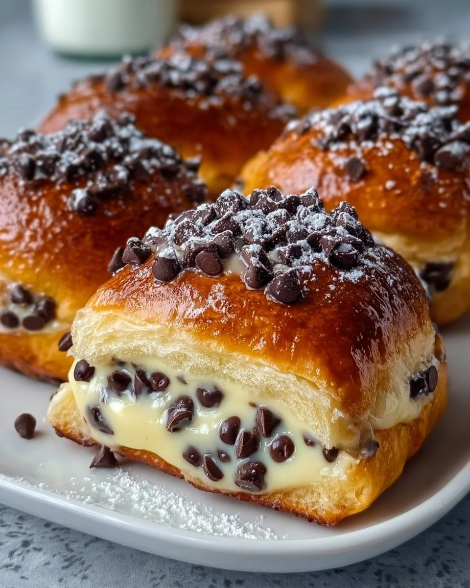 Chocolate chip brioche topped with creamy vanilla custard