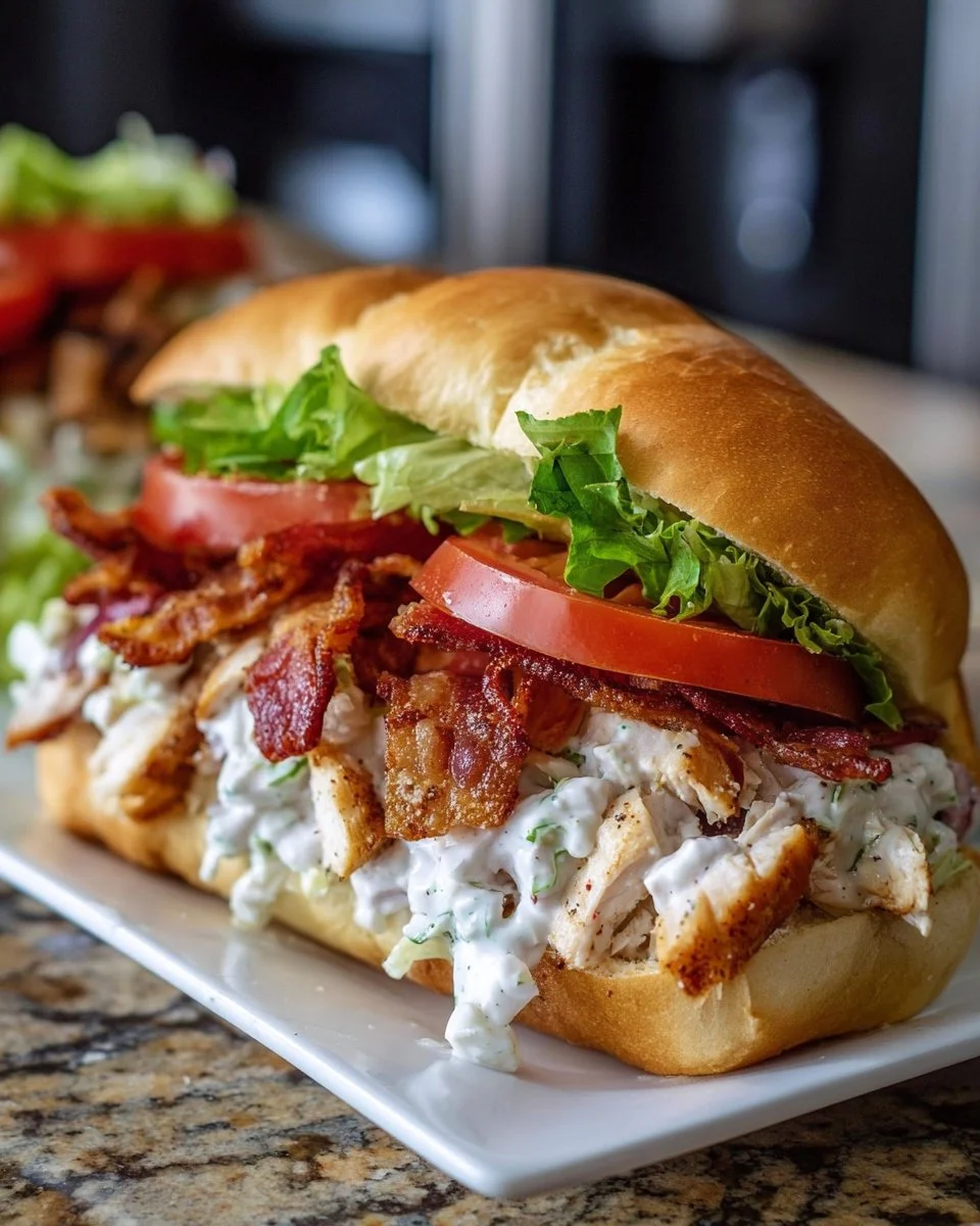 Chopped Chicken Bacon Ranch Sandwich with crispy bacon and fresh toppings