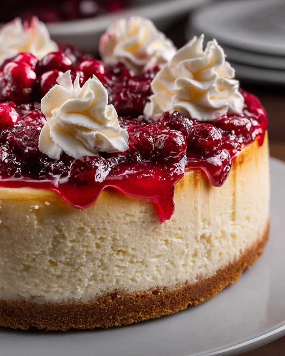 Decadent Christmas cheesecake topped with festive decorations and berries.