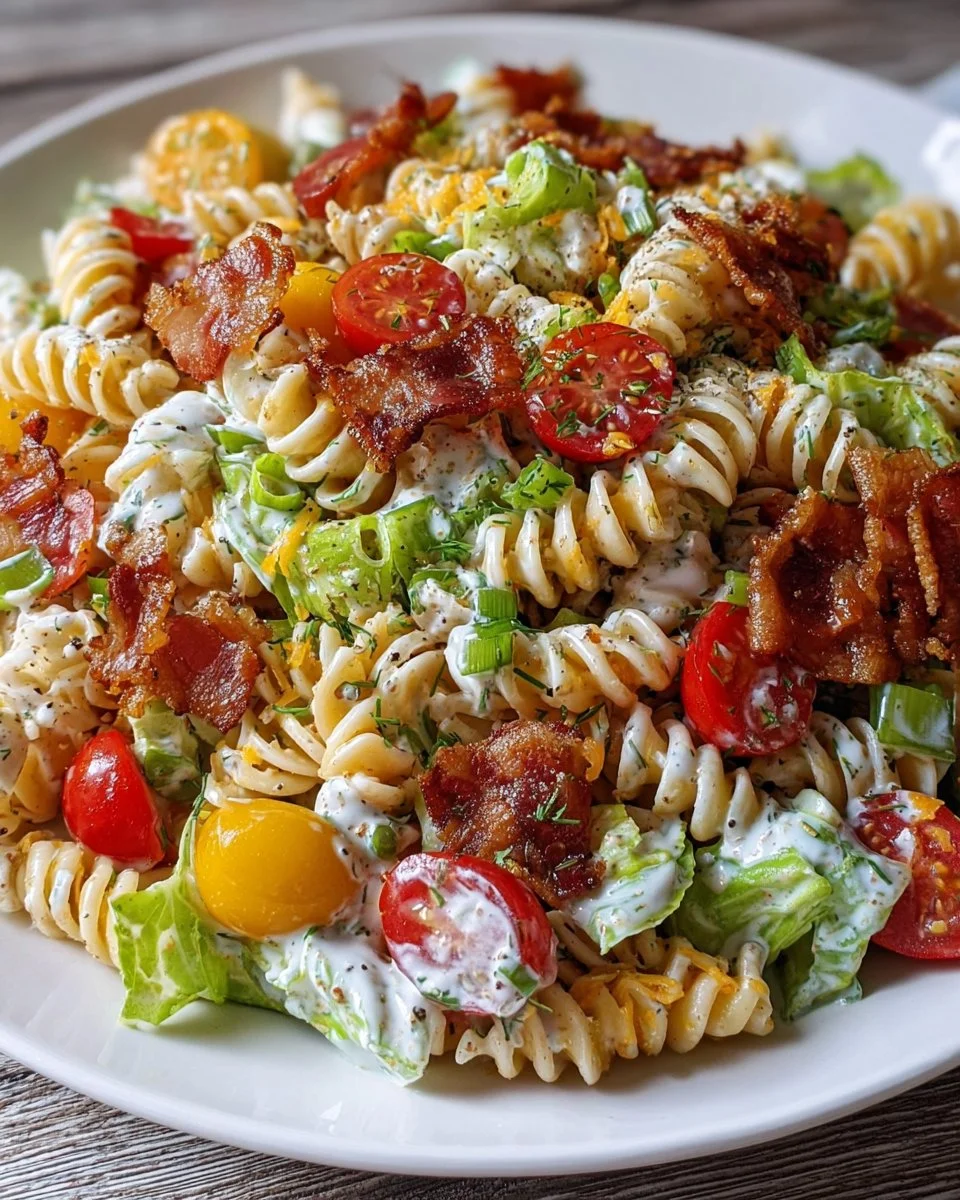 Creamy BLT pasta salad with bacon, lettuce, and tomatoes in a bowl.