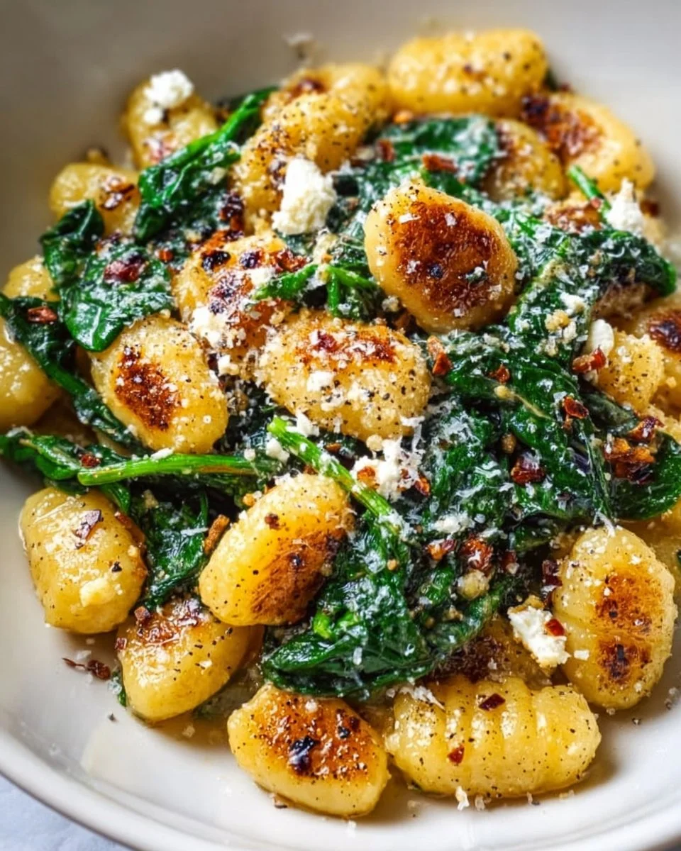 Creamy gnocchi with spinach and feta served in a bowl