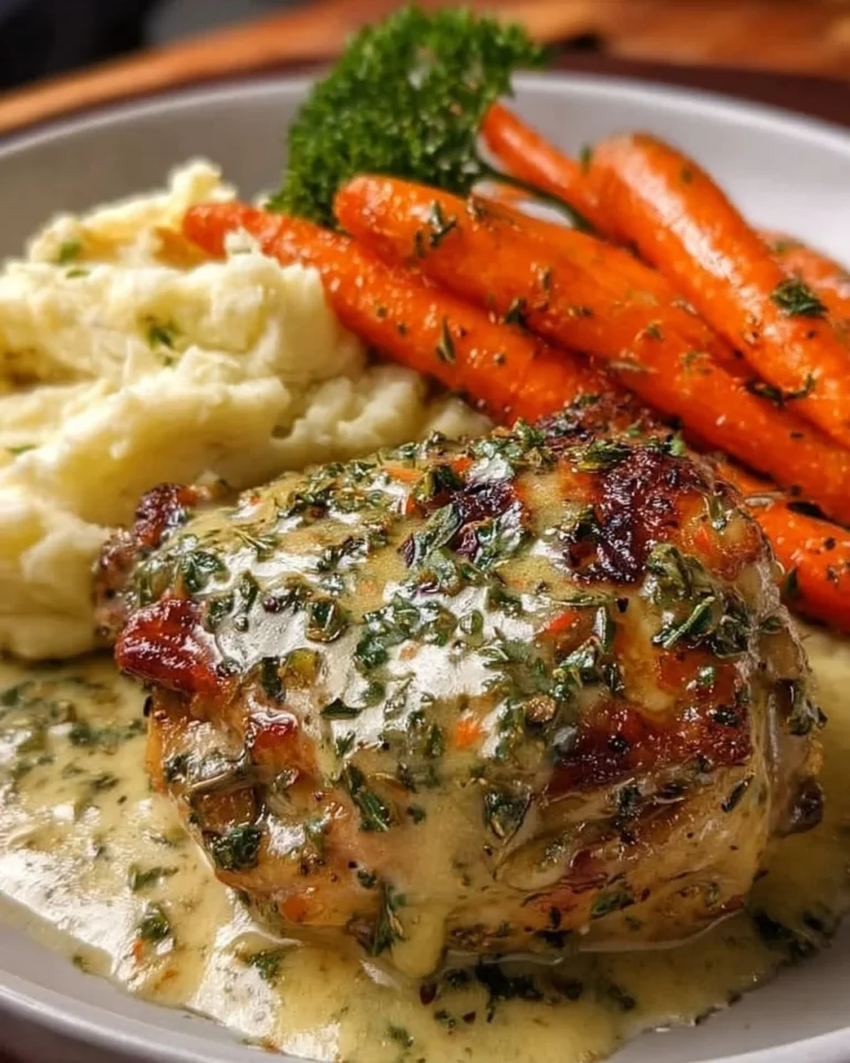 Creamy herb chicken with mashed potatoes and honey glazed carrots on a plate.