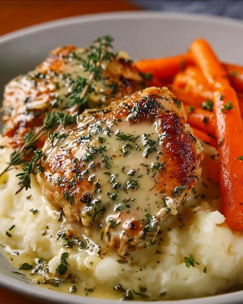 Creamy herb chicken served with mashed potatoes and honey glazed carrots