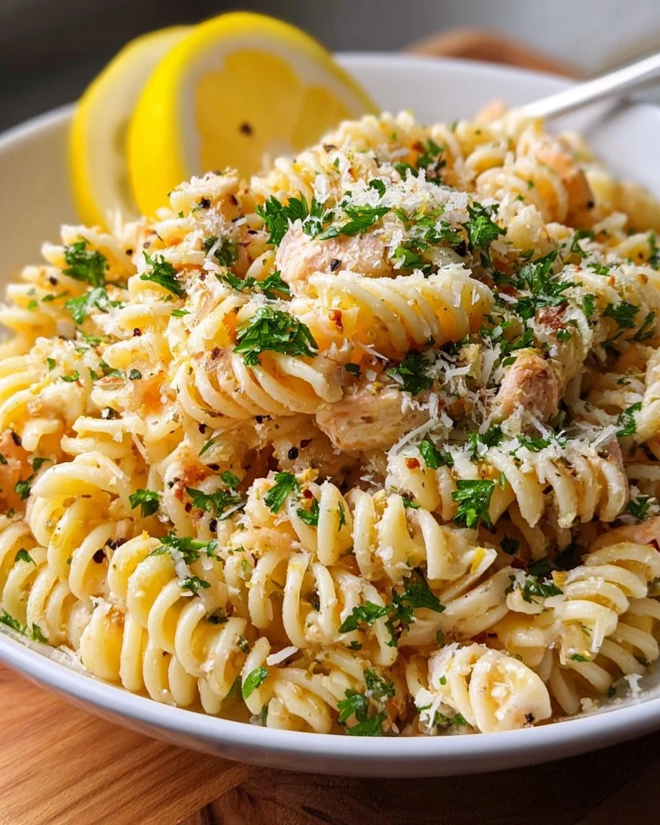 Creamy lemon parmesan pasta salad in a bowl with fresh herbs