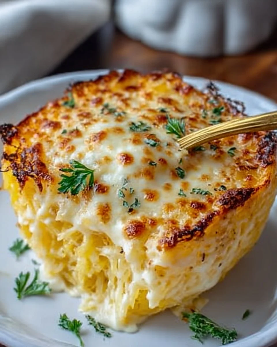 Creamy Spaghetti Squash Au Gratin served in a dish