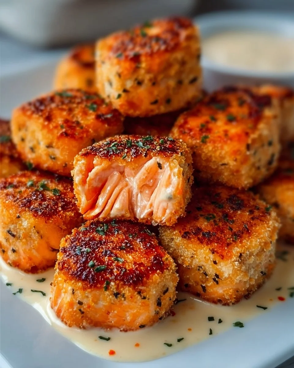 Crispy Bang Bang Salmon bites served with a spicy dipping sauce.