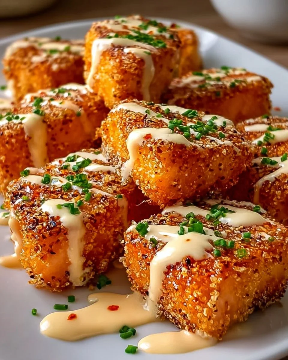 A plate of Crispy Bang Bang Salmon Bites garnished with herbs and served with sauce