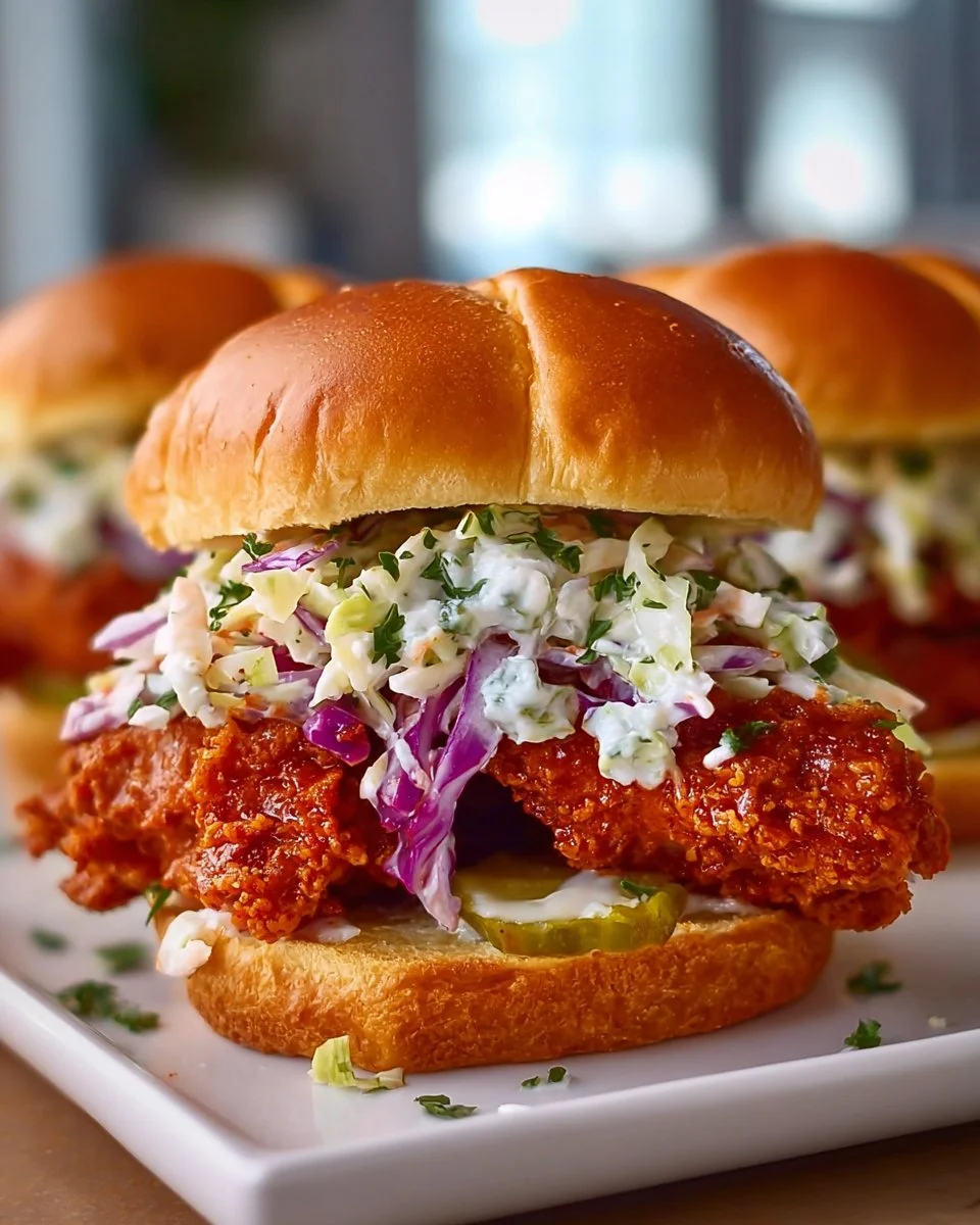 Crispy Buffalo Chicken Sandwich served with ranch slaw on a toasted bun