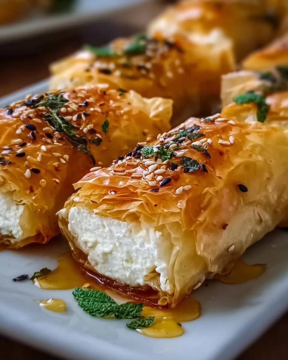 Plate of crispy feta rolls served with dipping sauce on a wooden table