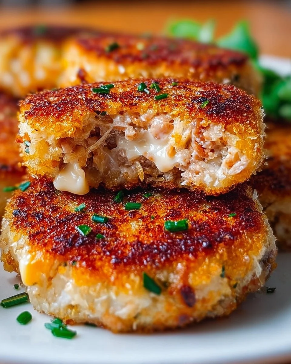 Crispy tuna melt patties on a plate with melted cheese and herbs.