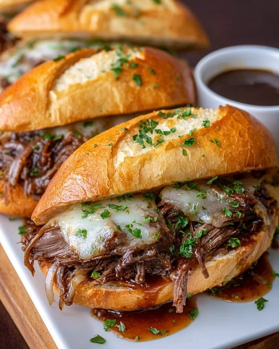 Savory Crockpot French Dip Sandwiches served with au jus for dipping.