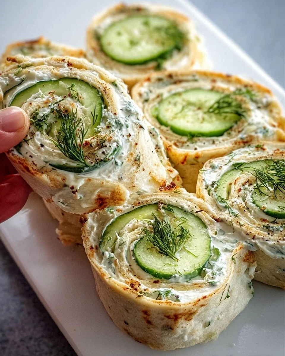 Cucumber pinwheels with dill cream cheese filling on a serving platter