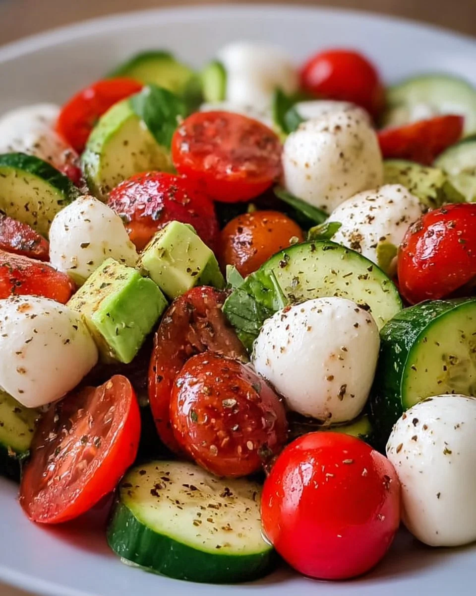 Cucumber Mozzarella Salad with fresh herbs and tomatoes on a plate