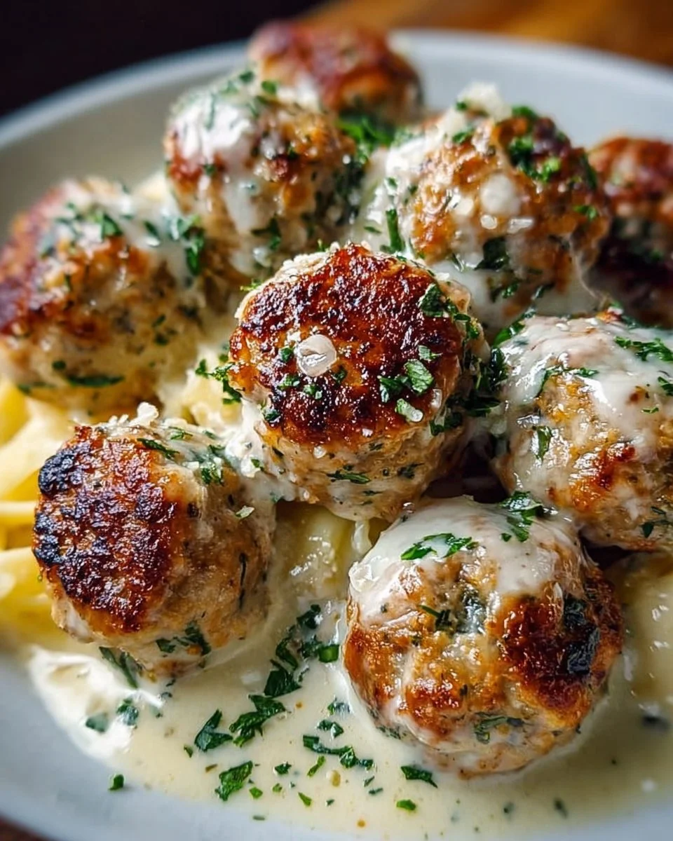 Delicious chicken ricotta meatballs served in a creamy Alfredo sauce