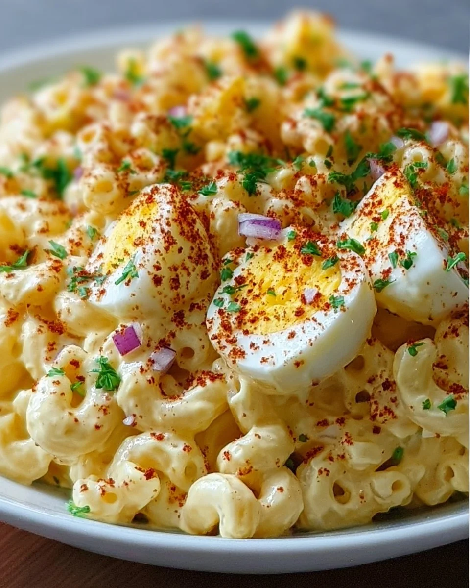 Bowl of deviled egg macaroni salad topped with paprika and herbs