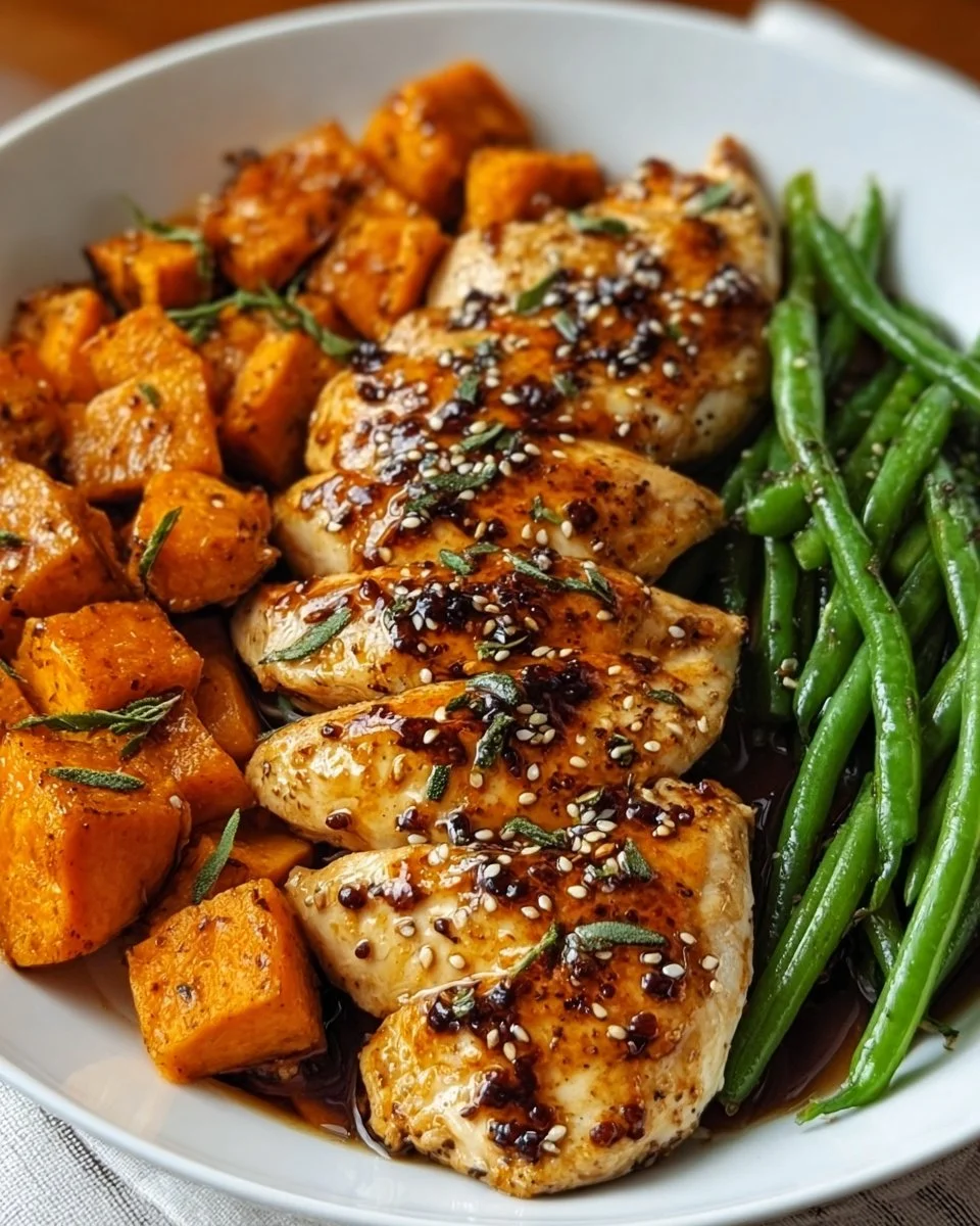 Delicious honey garlic chicken served with roasted sweet potatoes.