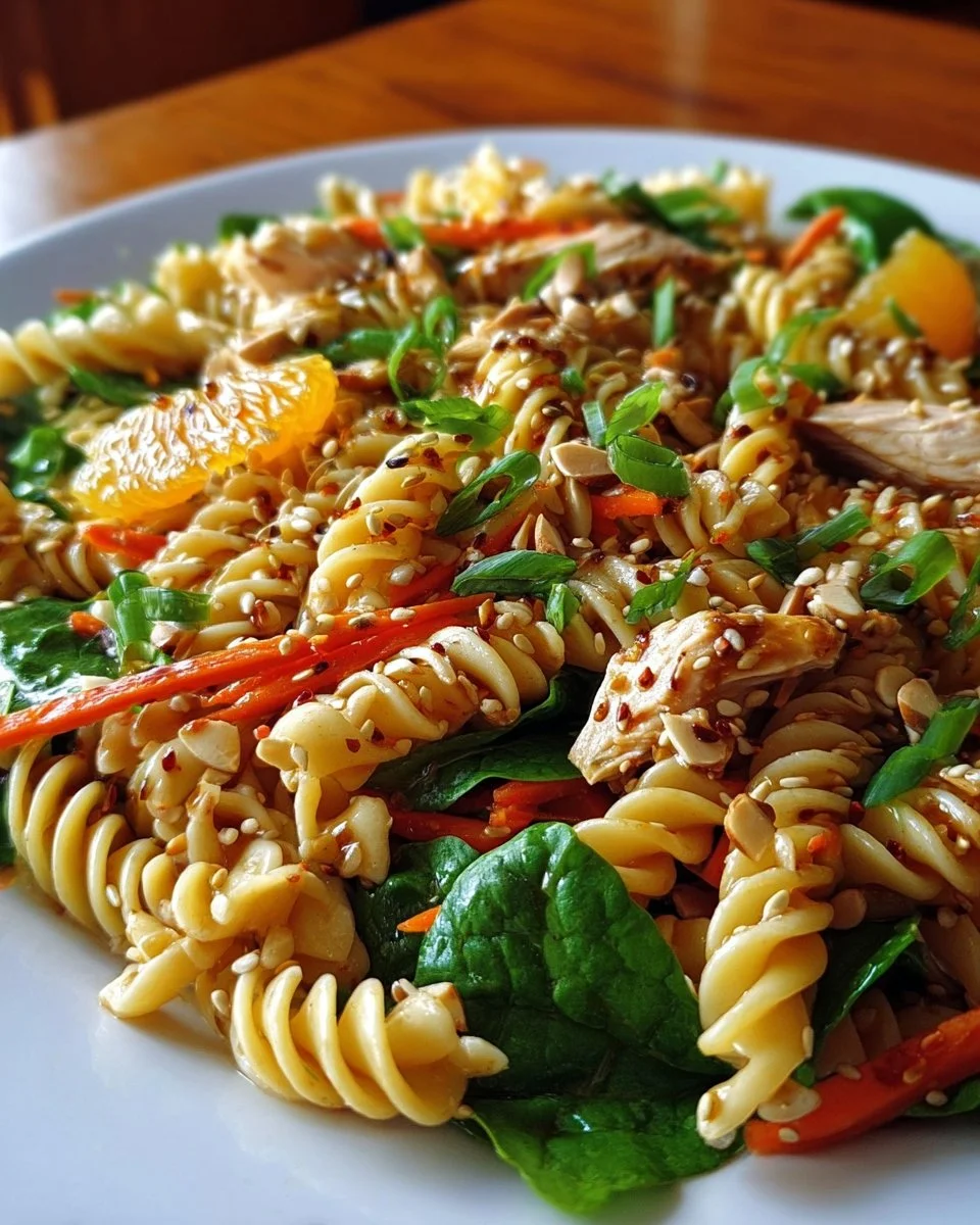 Bowl of Easy Asian Chicken Pasta Salad with colorful veggies and chicken