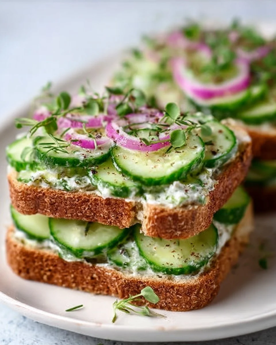 Easy cucumber salad sandwiches served on a platter with fresh herbs.