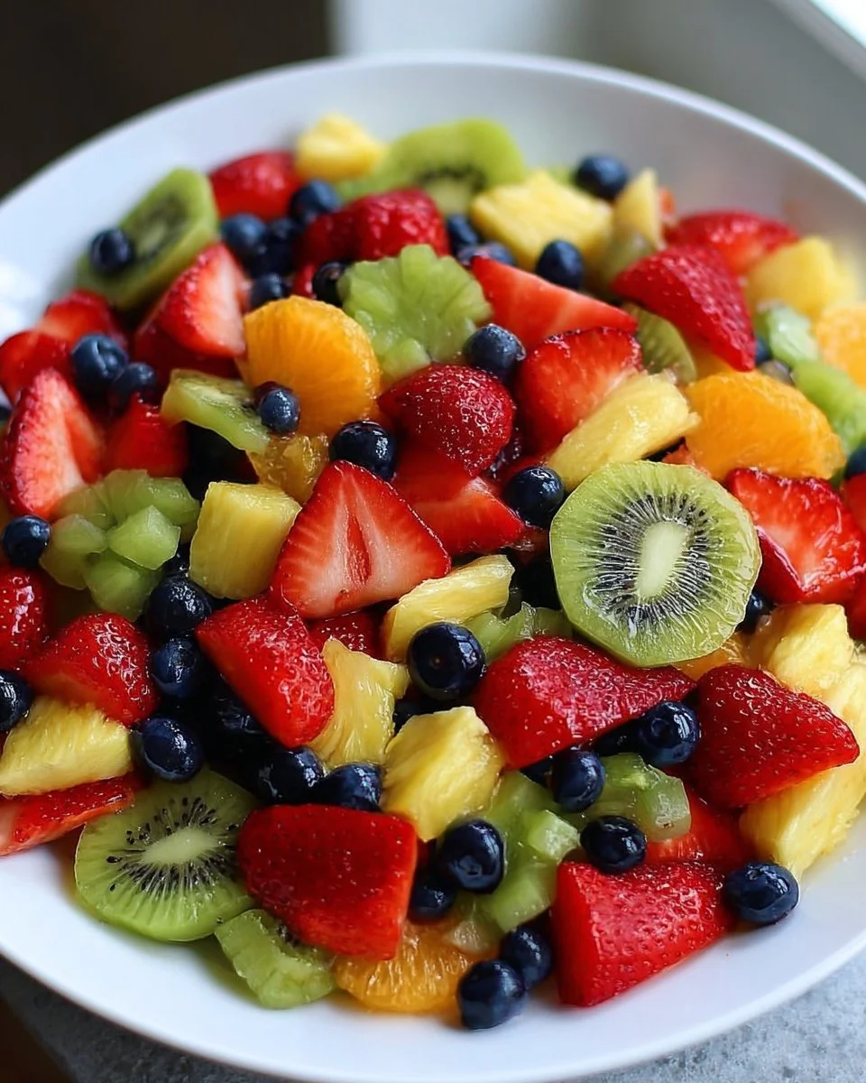 Bowl of colorful easy fruit salad with assorted fresh fruits