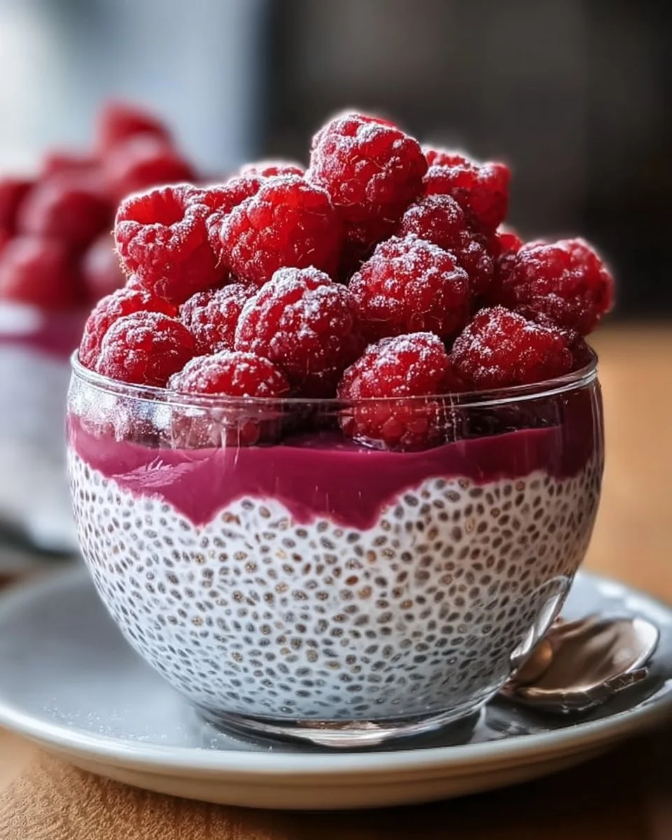 Delicious raspberry chia pudding in a glass bowl topped with fresh raspberries