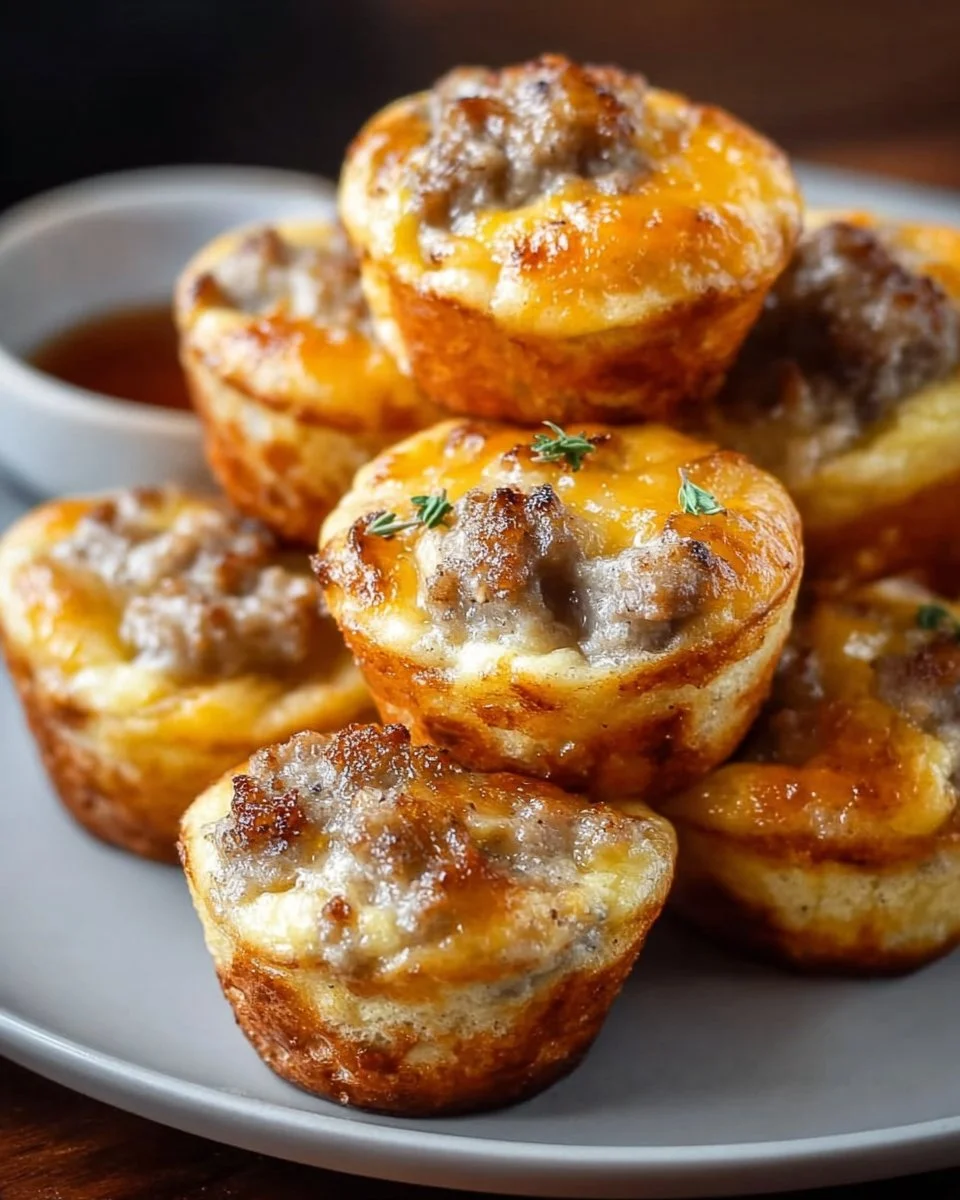 Flavor-packed high-protein sausage pancake mini muffins on a plate.