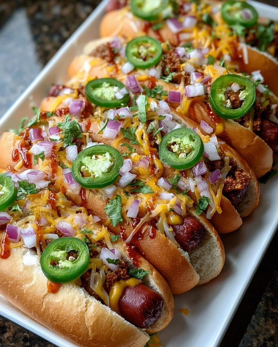 Flavorful Firecracker Hot Dogs topped with spices and condiments