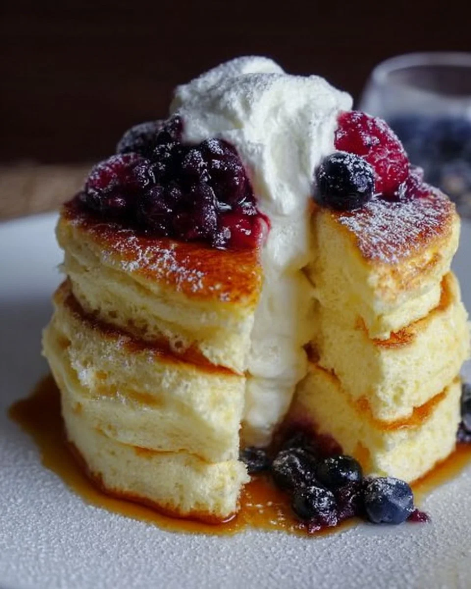 Fluffy Japanese soufflé pancakes stacked and drizzled with syrup