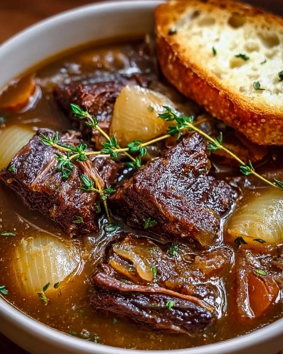 Bowl of French Onion Beef Short Rib Soup topped with melted cheese and herbs