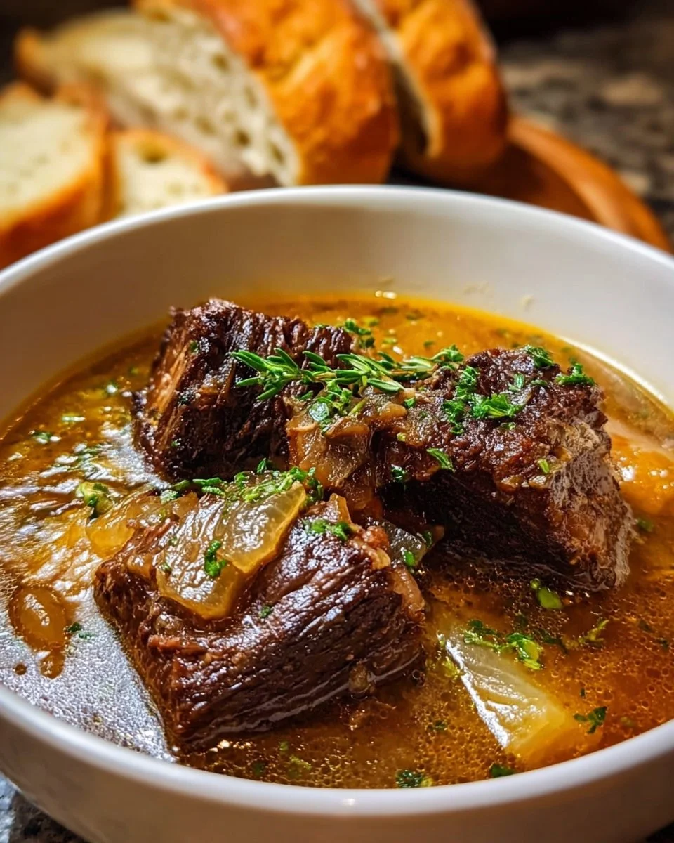 Bowl of French Onion Beef Short Rib Soup topped with melted cheese and herbs